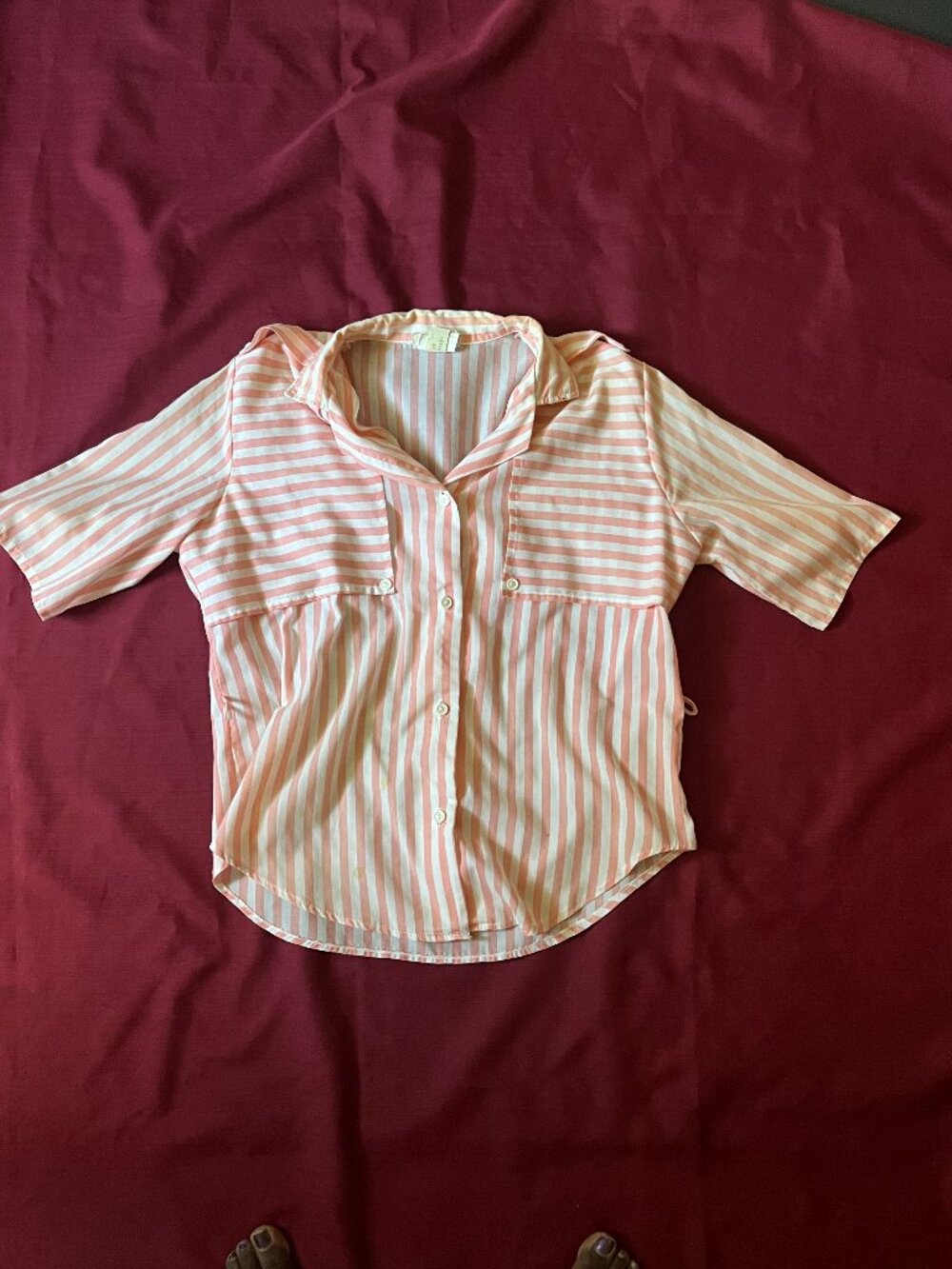 Lightweight peach-and-white candy-stripe button-front blouse for women size M.